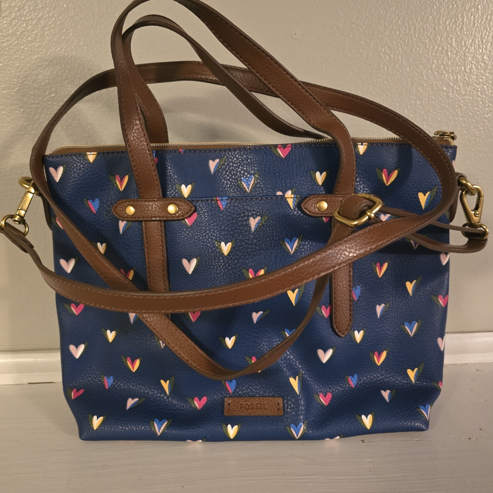 Fossil Blue Tote with Brown Straps and Heart Pattern